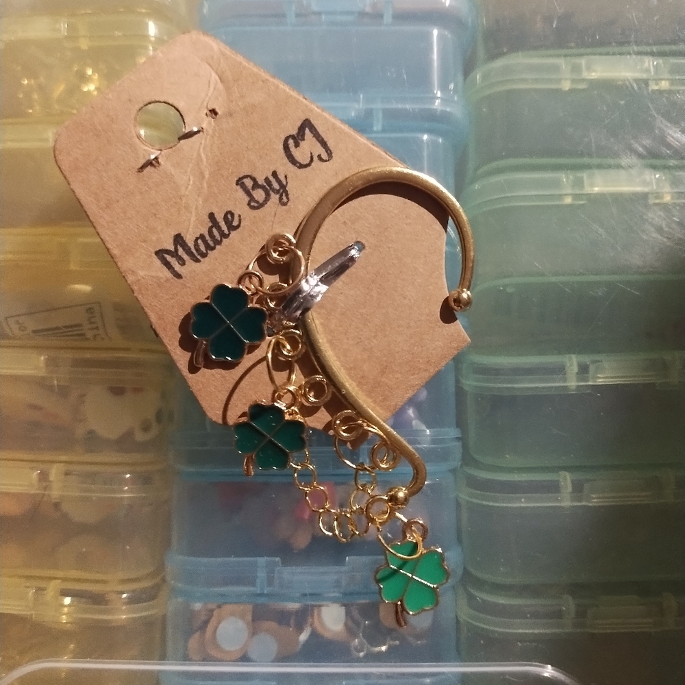 *Hand Crafted Lucky Four Leaf Clover Gold and Green Ear Cuff